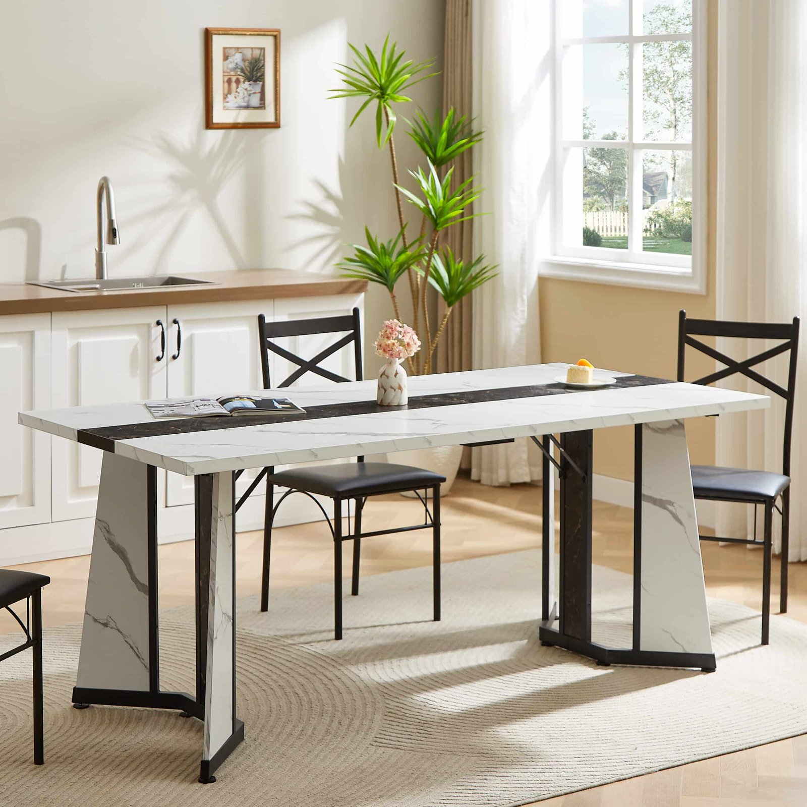 Marble Grain Rectangular Dining Table with Adjustable Legs for 8 People - White and Black