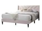 Velvet Queen Bed with Geometric Headboard - Light Pink - Image 4