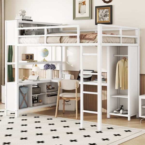 Ultimate White Metal Loft Bed with Desk & Storage – Stylish, Heavy Duty & Space-Saving for Kids & Adults