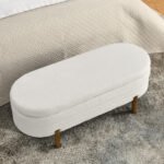 ⁦Foam Oval Storage Ottoman with Rubber Wood Legs - Beige⁩ - الصورة ⁦4⁩
