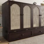 Pine Wood Murphy Bed with Rattan Decoration Panel - Espresso - Image 7