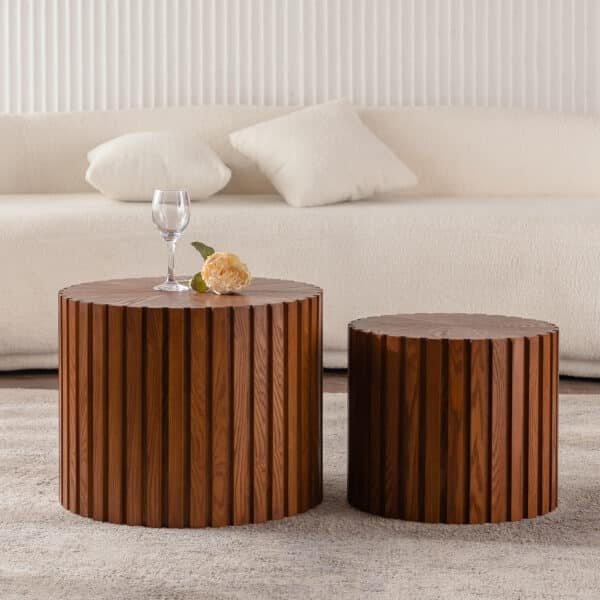 Handcrafted Wood Round Coffee Table with Elegant Relief Design - Natural Finish