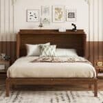 Walnut Pine Cabinet Bed – Space-Saving Murphy Bed with Power Station & Rattan Panel - Image 2