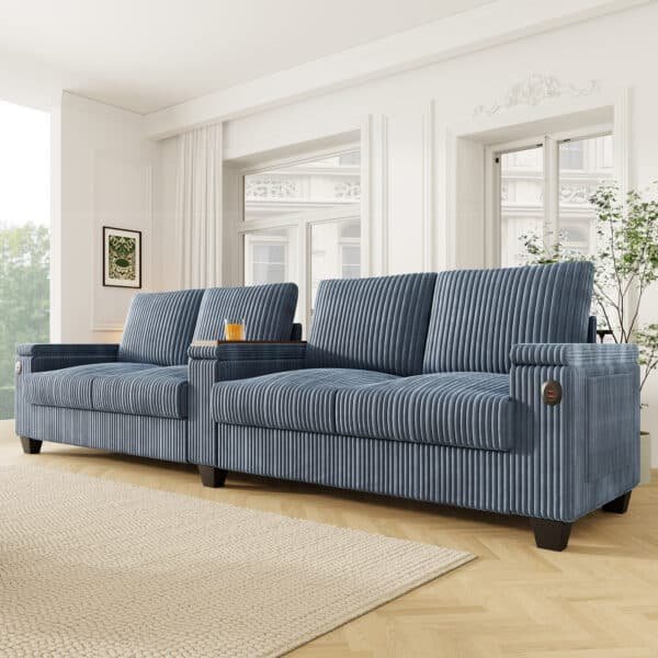 Corduroy L-Shaped Sofa with USB Ports and Hidden Storage - 4-Seater - Blue