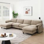 Chenille U-Shape Modular Sofa with USB Charger and Movable Ottoman - Striped