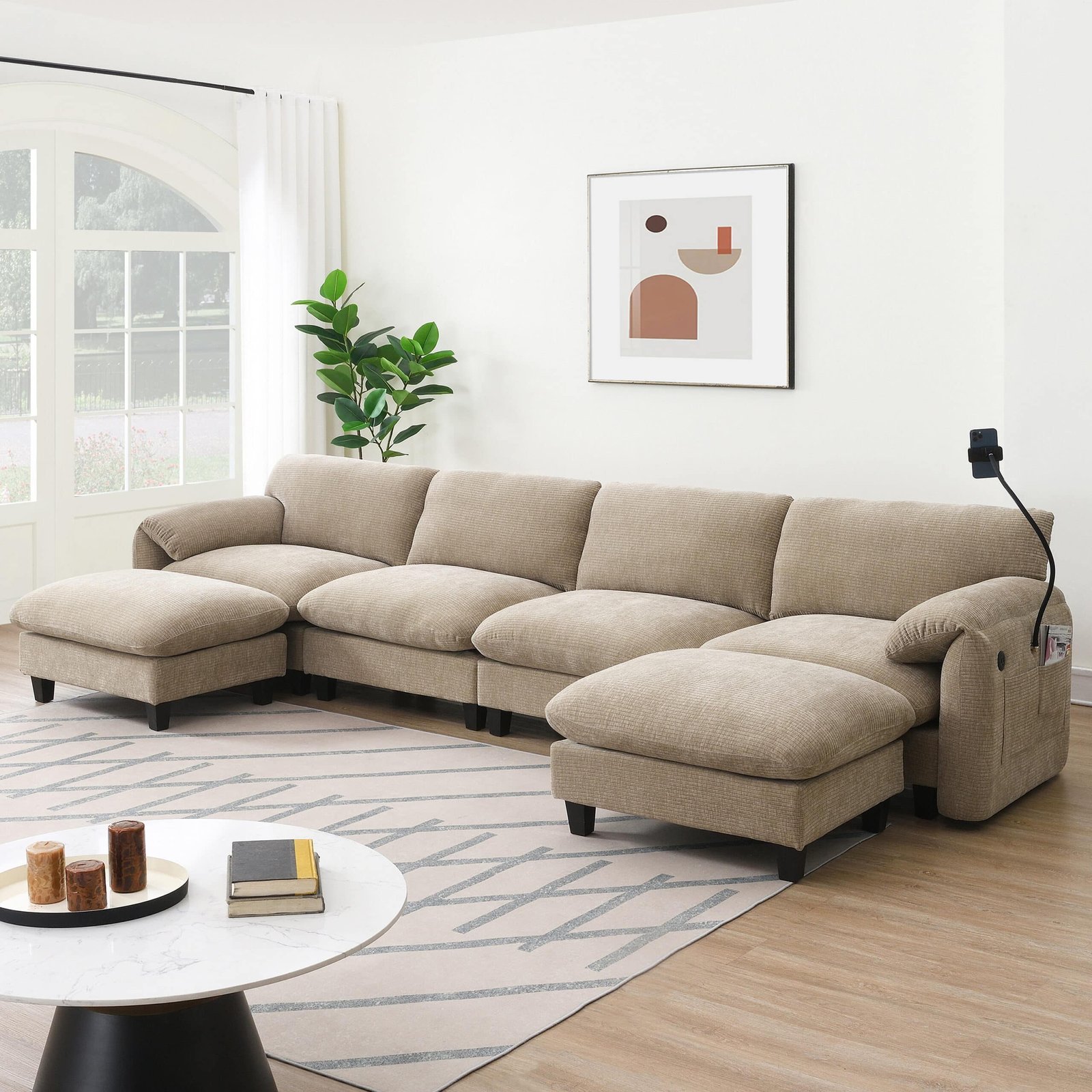 Chenille U-Shape Modular Sofa with USB Charger and Movable Ottoman - Striped