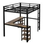 Metal Loft Bed Frame with Desk and Storage Shelf - Black - Image 5