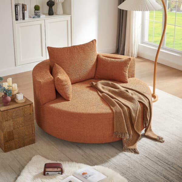 Chenille Round Accent Chair with 360° Swivel Base and 3 Removable Pillows - Orange Red