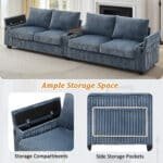 Corduroy L-Shaped Sofa with USB Ports and Hidden Storage - 4-Seater - Blue - Image 6