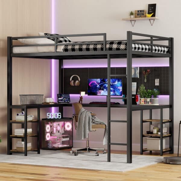 Metal Loft Bed Frame with Desk and Storage Shelf - Black