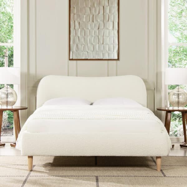 Upholstered Curved Headboard Platform Bed with Mattress Supports - Ivory White Boucle