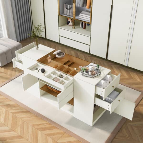 Glass-Top Island Vanity Dresser with Open Shelves and 6 Drawers - Cream