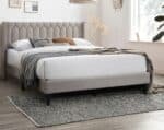 Burlap Fabric Platform Bed with Diamond Tufted Headboard - Light Brown