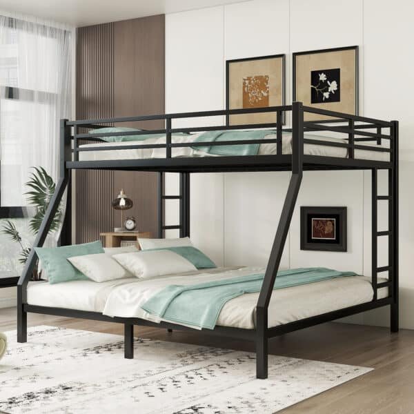 Metal Bunk Bed with Queen over King Design - Black