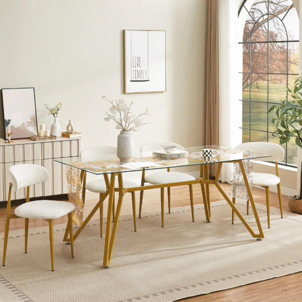 Glass Rectangular Dining Table with Sturdy Metal Legs - Gold