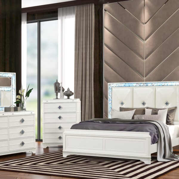 Laguna Modern Style 5 Pc Queen Upholstered Bedroom Set Made with Wood and Crystal Accents in White