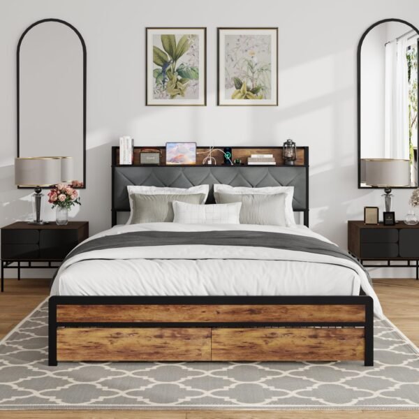Full Size Metal Platform Bed Frame with 2 Storage Drawers & LED Light, Velvet Button-Tufted Headboard with Outlet & USB Charging Port, Heavy Duty, Brown Wooden Panel, No Box Spring Needed