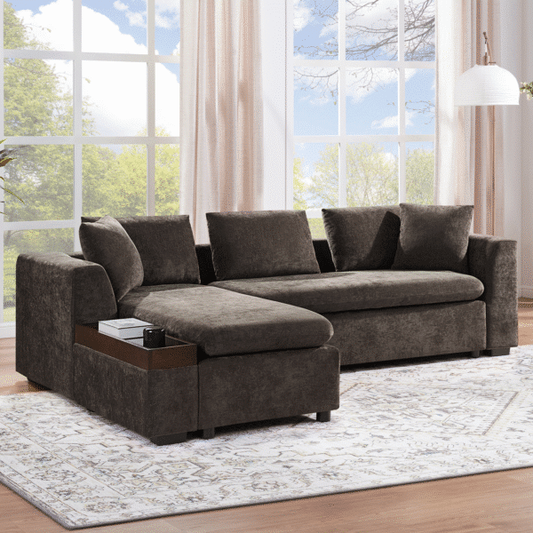 Chenille L-Shaped Sectional Sofa with Wooden Storage Compartment - Brown
