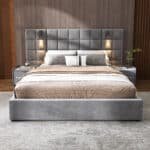 Velvet Queen Bed with Wide Headboard and USB Port - Grey