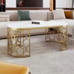 Modern Oval Coffee Table with Cut-Out Pattern Metal Frame - White and Gold - Image 4