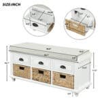 White Rustic Storage Bench with Drawers & Baskets - Stylish & Functional Entryway Seat - Image 3