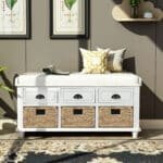 White Rustic Storage Bench with Drawers & Baskets - Stylish & Functional Entryway Seat - Image 2