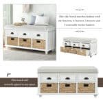 White Rustic Storage Bench with Drawers & Baskets - Stylish & Functional Entryway Seat - Image 5