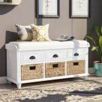 White Rustic Storage Bench with Drawers & Baskets - Stylish & Functional Entryway Seat