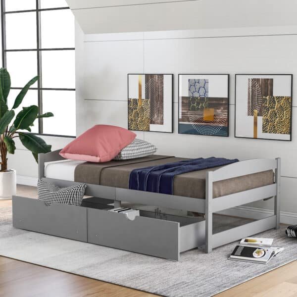 Gray Pine Bed with Storage Drawers - Space-Saving Twin Platform Bed
