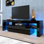 Matt Laminate Modern TV Stand with LED Lights and Push Door System - Black - Image 9