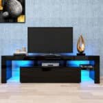 Matt Laminate Modern TV Stand with LED Lights and Push Door System - Black