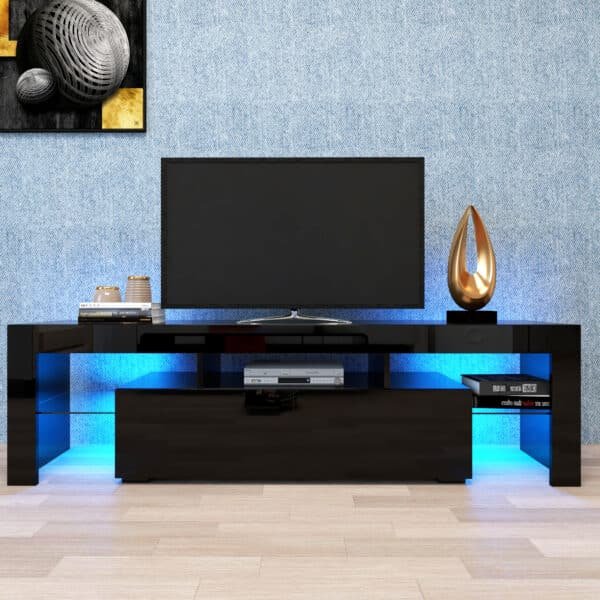 Matt Laminate Modern TV Stand with LED Lights and Push Door System - Black