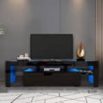 Matt Laminate Modern TV Stand with LED Lights and Push Door System - Black - Image 3