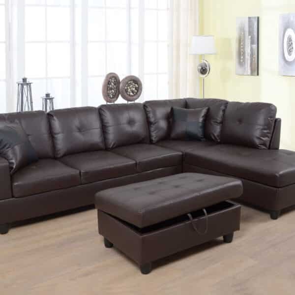 Faux Leather L-Shaped Sectional Sofa with Storage Ottoman - Brown