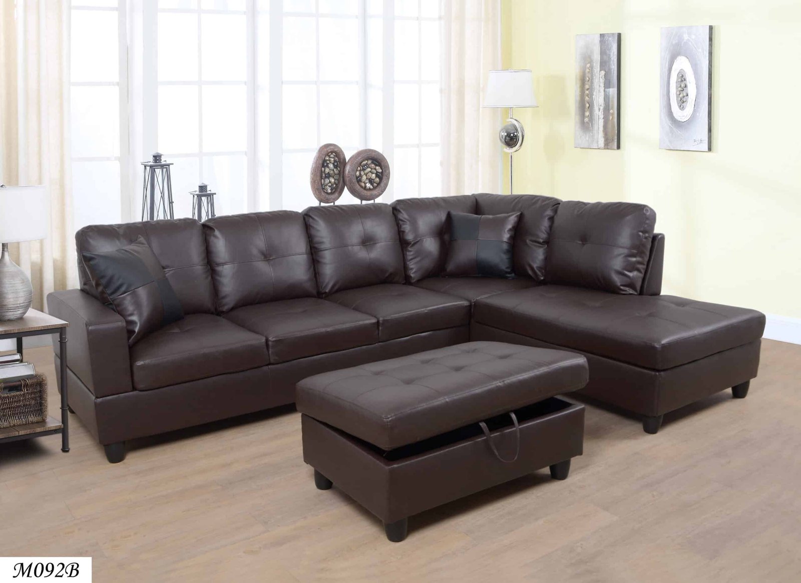 Faux Leather L-Shaped Sectional Sofa with Storage Ottoman - Brown
