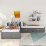 Pine Wood L-Shaped Platform Bed with Trundle and Built-in Desk - Gray - Image 3