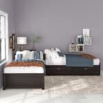 Pine Wood L-Shaped Platform Bed with Trundle and Built-in Desk - Espresso - Image 3