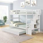White Pinewood Bunk Bed with Trundle & Stairway Storage – Space-Saving & Safe Kids Bedroom Solution - Image 6