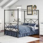 Metal Canopy Bed Frame with Vintage Headboard and Under-Bed Storage - Black - Image 2