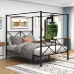 Metal Canopy Bed Frame with Vintage Headboard and Under-Bed Storage - Black - Image 7