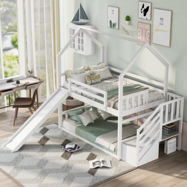 White House-Shaped Bunk Bed with Slide & Storage – Space-Saving Twin Kids Bed