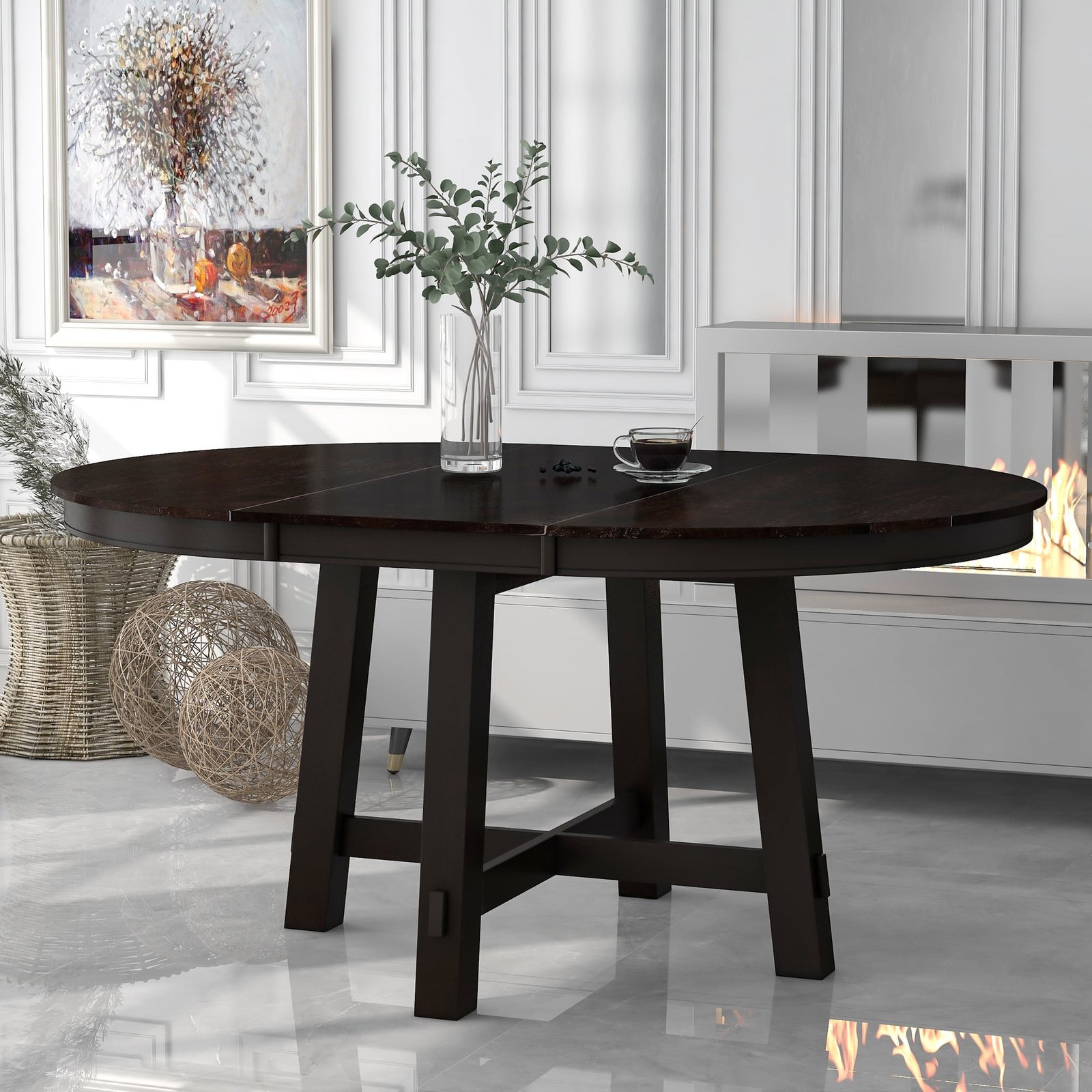 Wood Round Extendable Dining Table with Planked Top - Espresso