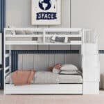White Pinewood Bunk Bed with Trundle & Stairway Storage – Space-Saving & Safe Kids Bedroom Solution - Image 2