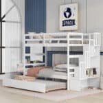 White Pinewood Bunk Bed with Trundle & Stairway Storage – Space-Saving & Safe Kids Bedroom Solution