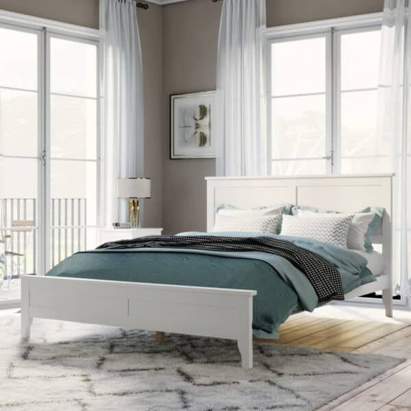 White Solid Wood Full Platform Bed with Elegant Slat Headboard - Pine
