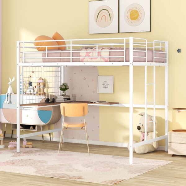 Full Metal Loft Bed with Desk and Metal Grid, White