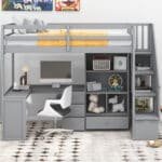 Solid Wood Twin Loft Bed with L-Shaped Desk and Storage Staircase - Gray - Image 2