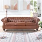 PU Leather Rolled Arm Chesterfield Sofa with Pocket Springs - Brown