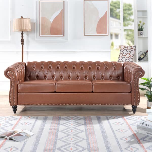 PU Leather Rolled Arm Chesterfield Sofa with Pocket Springs - Brown