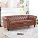 PU Leather Rolled Arm Chesterfield Sofa with Pocket Springs - Brown - Image 2